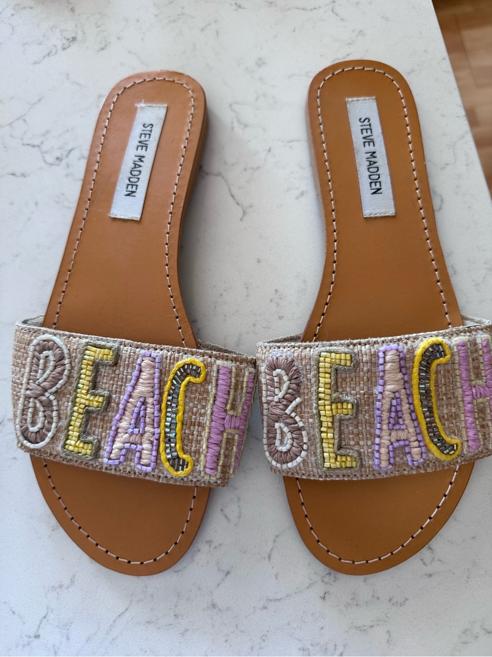 Steve Madden Tan Slide Sandals with Pastel Beaded "BEACH" size 9